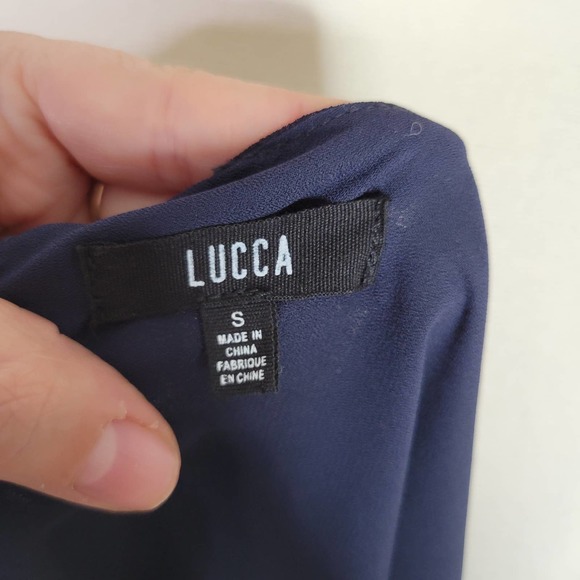 3/$25 Lucca Couture Women's Long Sleeve Slit Shoulder Ruffle Top Navy Small - Picture 5 of 8